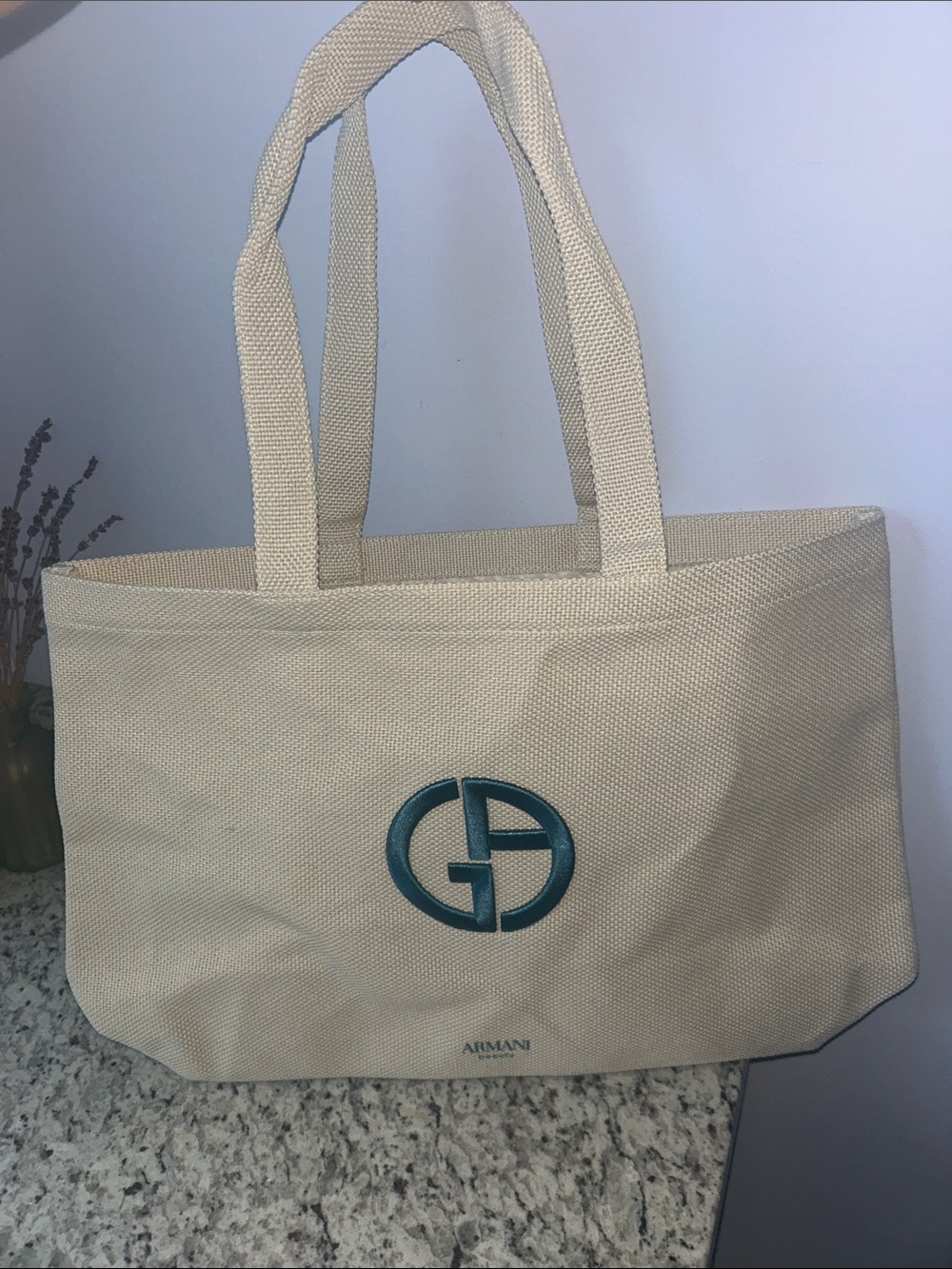 Giorgio Armani Cream Canvas Tote with Teal Logo